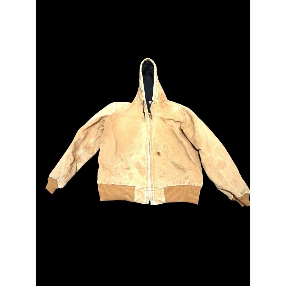 Vtg Carhartt Hooded Work Tan Jacket USA Made Distressed Mens Size Med J130 Brown